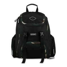 a black backpack with camo trims on the front and side zippers at the bottom