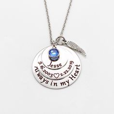 "Let us help you deliver a smile during a difficult time. This personalized necklace makes a beautiful memorial keepsake and helps to honor the loved one they are missing. We'll help you give a heartfelt gif they're sure to treasure. D E S I G N D E T A I L S: - ENGRAVED DESIGN: 1- 5/8\" Disc with your loved one's name 1- 7/8\" Disc with Date of Birth <3 Heaven Date 1- 1 1/4\" Bottom Disc with \"Always in my Heart\" 1- Angel Wing Charm 1- Birthstone 1- Chain: 2mm Stainless Steel - MATERIAL &a Always In My Heart, Forever Gifts, Yellow Gold Necklace, Silver Jewelry Necklace, Memorial Keepsakes, Memorial Jewelry, Jewelry Silver, Personalized Necklace, Organza Bags