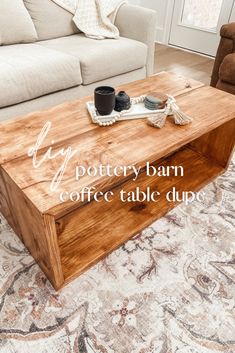 a wooden coffee table sitting on top of a rug