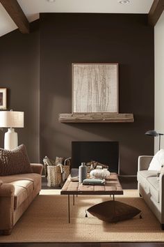 a living room with two couches and a coffee table in front of a fireplace