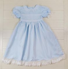 The Classic Heirloom Dress Blue Dresses With Lace Trim And Fitted Bodice, Blue Dress With Lace Trim And Fitted Bodice, Blue Fitted Dress With Lace Trim, Light Blue Cotton Dress With Smocked Bodice, Heirloom Stitching, Baby Girls Dresses, Heirloom Dresses, White Romper, Ruffle Romper