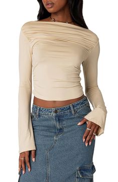 EDIKTED Dana Gathered Bateau Neck Long Sleeve Crop Top | Nordstrom Sabrina Neckline Top, Sabrina Neckline, Bad Fashion, Bateau Neck, Bateau Neckline, Look In The Mirror, Long Sleeve Crop, Cropped Top, Sewing Ideas