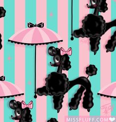 a pattern with poodles and umbrellas on a pink and blue striped background