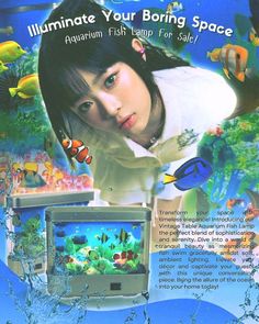 an advertisement for the aquarium fish tank with a girl in front of it and other marine creatures around her