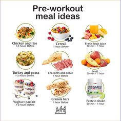 a poster with the words pre - workout meal ideas on it and pictures of different foods