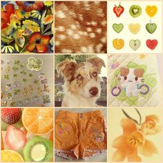 a collage of pictures with flowers, fruits and animals on them is featured in this image