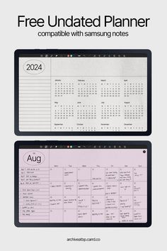 two calendars with the text free updated planner compatible with samsung notes on each page