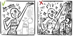 two cartoon panels with one drawing and the other showing what it is like to do something