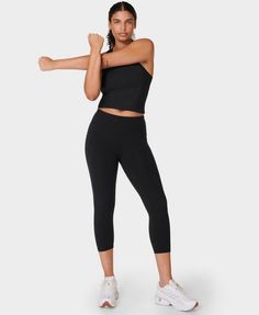 Multi-sport cropped gym leggings designed for every workout. Stretchy fabric with flattering seams to sculpt the bum. Sweat-wicking and quick-drying for all sports. Side pocket and back zip pocket. Inseam length size S: 20" / 50cm. Top of waistband to hem: 27" / 69 cm. Model wears size S and is 175cm/5'7" tall. Style Code: SB4564PColour: Black Sleeveless Go-dry Elastane Activewear, Sleeveless Athleisure Activewear In Elastane, Functional Athletic Fit Yoga Pants With Go-dry Technology, Functional Athletic Fit Yoga Pants With Go-dry, Functional Athletic Fit Go-dry Yoga Pants, Sportswear Yoga Pants With 4-way Stretch, Sporty Elastane Activewear For Yoga, Sporty Elastane Activewear For Running, 4-way Stretch Elastane Activewear For Gym