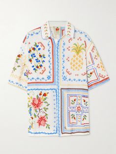 Based in Rio de Janeiro, Farm Rio's designs embody the city's vibrant energy. This shirt is made from cotton and cross-stitched with an abundance of folksy motifs inspired by traditional Brazilian textiles. It's cut for a boxy fit, so it can be styled solo or worn over a tank. Free Spirit Aesthetic, Hawaii Shirts, Boho Brand, British Vogue, Farm Rio, Knitwear Tops, Clothes Collection, Art Clothes, Embroidered Shirt