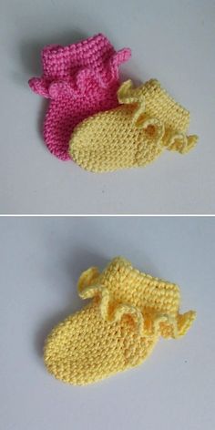 two crocheted shoes are shown side by side, one in pink and the other in yellow