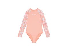 Roxy Kids Salty Flower Long Sleeve One-Piece Swimsuit (Big Kids) - Girl's Swimsuits One Piece : Papaya Punch Foam Flower Swim : The primary materials that compose this product contain a minimum of 20 percent recycled content. ; Let your girl shine like a star wearing the feminine and stylish Roxy Kids Salty Flower Long Sleeve One-Piece Swimsuit. Fitted. Recycled polyester elastane blend fabric. Soft, strong, recycled, resistant stretch fabric with sun protection. Chlorine-resistant. Round neckli Roxy Swimwear, Swimsuits One Piece, Foam Flower, Cute Swimsuits, Papaya, Roxy, Big Kids, Sun Protection, One Piece Swimsuit