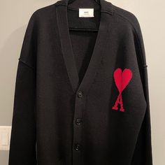 Nwot Was A Gift To A Friend But Never Gave Out Brand New!! Bought From Saks For $700 And Only 500now! Designer Black Long Sleeve Cardigan, Designer Black Cardigan For Work, Ami Paris Cardigan, Ami Paris, Sweater Cardigan, Men Sweater, Man Shop, Paris, Brand New