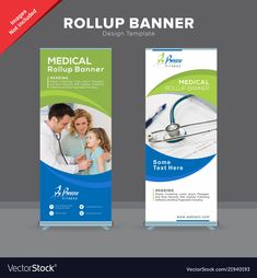 two roll up banners with medical related items on them