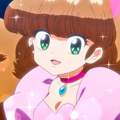 an anime character with green eyes and brown hair wearing a pink dress, standing in front of a star filled sky