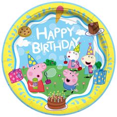 peppa pig birthday party plates with happy birthday characters on the front and bottom,