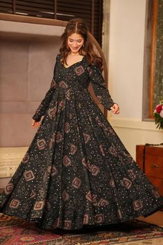 Black Color Printed On Party Wear Rayon Readymade Anarkali Gown With D Frock Models Party Wear, Long Frocks Designs For Women Party Wear, Poses For Anarkali Dress, New Design Anarkali Dress, New Dress Designs Party Wear, Long Frock Models Traditional, Gown Models For Women, Simple Gowns Indian Style, Charismatic Outfit