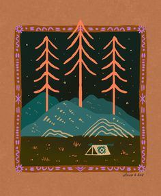 an illustration of a tent in the woods at night with mountains and trees behind it