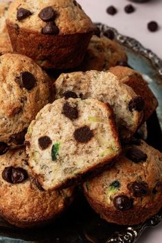 chocolate chip muffins piled on top of each other