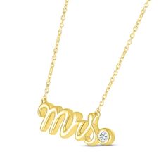 Honor a bride-to-be or blissful newlywed with the elegant sparkle of this necklace. "Mrs." is crafted in a pretty script font styled in 10K yellow gold with a rhodium finish. A bezel-set diamond accent punctuates the design with a touch of sparkle. The word art pendant suspends from an 18-inch cable chain that secures with a spring ring clasp. Elegant Personalized Diamond Necklace For Wedding, Elegant Personalized Wedding Diamond Necklace, Gold Bridal Necklace For Anniversary, Personalized Diamond Name Necklace For Weddings, Personalized Gold Diamond Necklace For Wedding, Yellow Gold Name Necklace With Diamond Accents For Wedding, Yellow Gold Diamond Accented Name Necklace For Wedding, Wedding Yellow Gold Name Necklace With Diamond Accents, Elegant Wedding Name Necklace With Initials