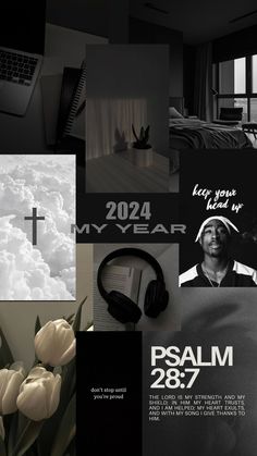 a collage of black and white images with flowers, headphones, laptop computer