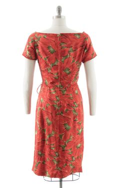 "♡ PLEASE ENLARGE PHOTOS FOR MORE DETAIL ♡ D E T A I L S * 1950s sheath dress * hourglass shape * feels like silk (appears to pass burn test for silk as well) * oversized watercolor floral print * red, green, white * matching piping decorates the neckline, sleeve ends + waist * boat neckline * short sleeves * fitted waist with double shoestring bows * sarong skirt * metal back zipper * fully lined in what feels like nylon * label: no tag present M E A S U R E M E N T S fits like a: small shoulde Vintage Fitted Tea Length Midi Dress, 1950s Style Fitted Tea Length Midi Dress, Fitted Short Sleeve 1950s Dress, Retro Mid-length Fitted Dress, Fitted 1950s Knee-length Vintage Dress, 1950s Fitted Knee-length Vintage Dress, 1950s Style Fitted Knee-length Vintage Dress, Fitted Knee-length 1950s Vintage Dress, 1950s Knee-length Fitted Dress