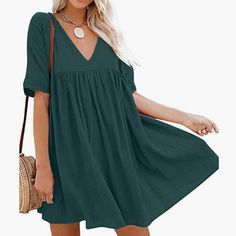 Chvity Women's Casual Short Sleeve Loose Swing Dress V Neck Pleated Baby Doll Tunic Color: Kelly Green (My Pictures Not To Well On Color), Size: Small Cute Baby Doll Style Dress Is So Much Fun, Very Flowy, Flattering And Well Made Features: Short Sleeves, Baby Doll, A-Line Dress, V-Neck, Cute Pleated Dress, Soft Fabric, Comfortable Wear Lightweight And Breathable Swing Dress, Suitable For All Season. Machine Wash It's Perfect For Any Event! Such As Office, Casual, Lounge, Summer, Beach, Shopping Summer Tunic Dress, Loose Mini Dress, Summer Tunics, Pleated Mini Dress, Dress Stores Online, Short Sleeve Tunic, Swing Dress, Tunic Dress, A Line Dress