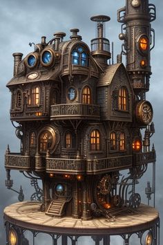 an artistic rendering of a house made out of clocks and other things in the sky