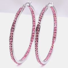 Pink Hoop Earrings, Hoops Silver, Big Hoop Earrings, Earrings Crystal, Pink Jewelry, Pink Earrings, Pink Rhinestones, Sensitive Ears, Boutique Jewelry