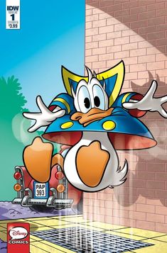 an image of a cartoon character flying through the air over a drain in front of a brick wall