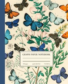 a book cover with butterflies and flowers on the page, which reads graph paper notebook