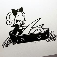 a black and white drawing of a girl in a suitcase