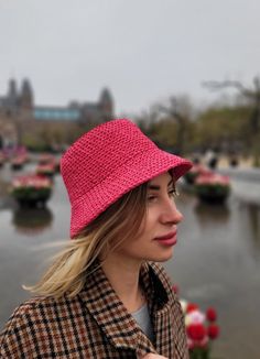 Summer bucket hat in strawberry color. That's a modern unisex accessory made of premium fully degradable plant fiber. Very soft but keeping the shape (not a paper yarn). Size: 51-53 cm ( 20,08 - 20,87 inch ) head girth. Weight: 82 g ( 0,18 lbs) Bright unique raffia crochet hat, trendy and comfy in use. Very light and easy, with a kipper tape inside which can protect you hat against sweat and slipping. That's multi-style summer hat can be used in a city, to the beach, festival or summer party and Trendy Pink Bucket Hat For Summer, Summer Straw Bucket Hat For Spring, Casual Natural Bucket Hat With Flat Brim, Eco-friendly Spring Bucket Hat, Casual Pink Bucket Hat One Size, Adjustable Bucket Straw Hat For Spring, Eco-friendly Bucket Hat With Short Brim For Summer, Adjustable Straw Bucket Hat, Lightweight Pink Bucket Hat For Summer