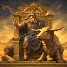 a painting of a man sitting on top of a chair next to a bull with horns