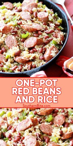 one - pot red beans and rice with sausage in a cast iron skillet on a red table