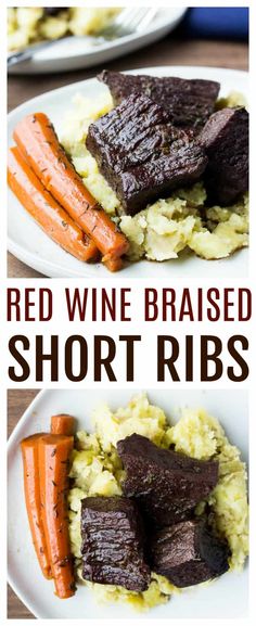 red wine braised short ribs with carrots and mashed potatoes on a white plate