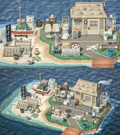 two pictures of an island in the middle of the ocean with boats and buildings on it