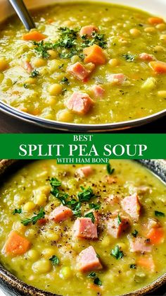 split pea soup with ham and parsley in a bowl