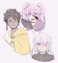 four anime characters with different hair styles