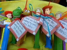 the toy story characters are holding up their name tags for each child's birthday