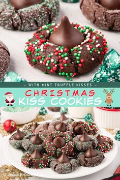 christmas cookies with chocolate frosting and sprinkles are on a white plate