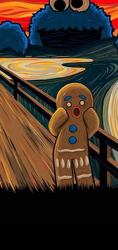 a gingerbread man is standing in front of the scream painting by edvardd