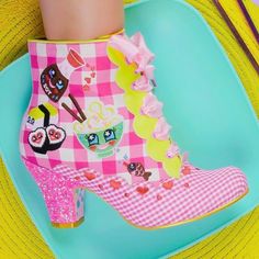 These Adorable Sushi Themed Boots Feature Embroidered Kawaii Food Characters On A Gorgeous Pink Gingham Base Fabric! With Added Glitter, Ribbon Laces, And A Pop Of Red Hearts - They Are Too Fresh To Miss! Comes In Original Box Worn Only Once For These Photos. Reluctant Sale, But I Am Downsizing My Collection. Hopefully, They Will Find A New Home Where They Will Be Shown Off. Smoke-Free Home. Food Characters, Irregular Choice Shoes, Ribbon Laces, Pop Of Red, Glitter Ribbon, Irregular Choice, Kawaii Food, Pink Gingham, Red Hearts