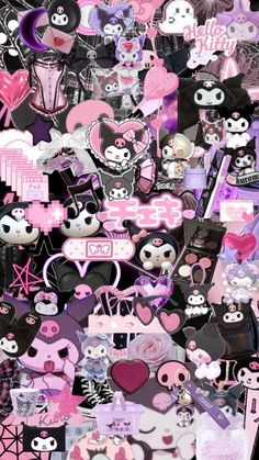 a collage of pink and black stickers with hearts, skulls, cats, and other items