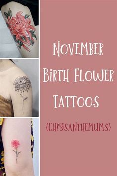 the birth flower tattoo is shown in four different pictures, including one with flowers on it