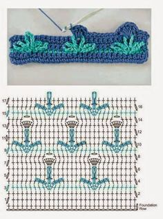 the crochet pattern is shown in two different pictures, one has a blue and green flower on it