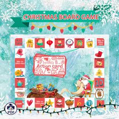 the christmas board game is displayed in front of snowflakes and lights, with santa's sleigh