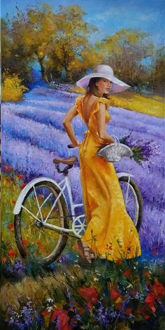 a painting of a woman in a yellow dress and hat on a bicycle with lavender fields behind her