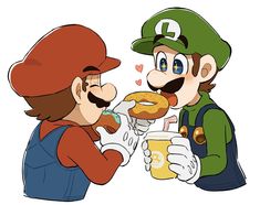 an image of mario and luigi eating doughnuts