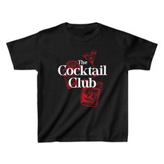 Elevate your happy hour style with The Cocktail Club Baby Tee! This comfortable and playful women's tee is perfect for any cocktail enthusiast. Spread the joy and laughter with this funny tee that's sure to turn heads. Cheers to the perfect addition to your wardrobe! The model is wearing an XS size. Our size guide ensures a perfect fit. Graphic Tee For Party, Funny Black Party Tops, Funny Graphic Print Tops For Party, Funny Short Sleeve T-shirt For Party, Funny Crew Neck T-shirt For Party, Party Graphic Tee With Funny Print, Funny Print T-shirt For Party, Funny Party T-shirt With Crew Neck, Casual T-shirt With Funny Text For Party